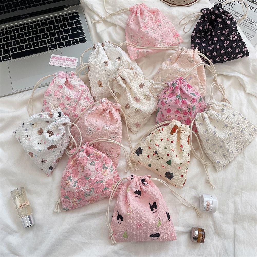 Túi Rút Mini Túi Đựng Đồ Vải Cotton Gân In Họa Tiết Nhí Dễ Thương