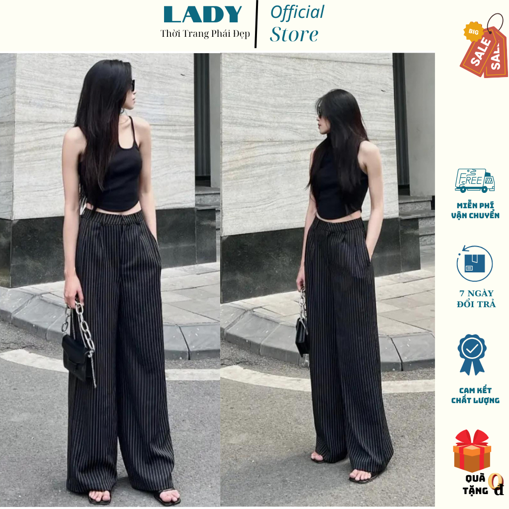 Quần Kẻ Sọc Ống Rộng Cạp Cao LADY Official Quần Kẻ Ống Suông Xếp Ly Tôn Dáng HQ029