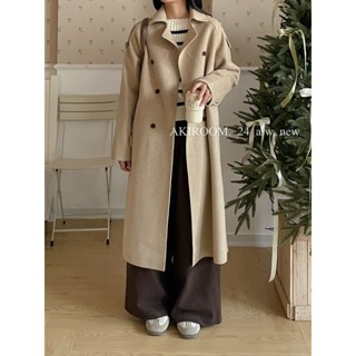 AKIROOM | Áo khoác măng tô dạ ép hai lớp dáng dài kèm đai lưng và tay 9551