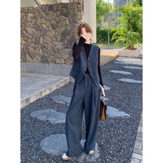 Set đồ áo vest ba lỗ cổ chữ V kèm quần dài ống rộng cạp cao thiết kế công sở lịch sự JU16