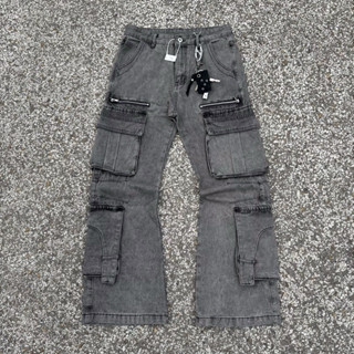 Quần cargo ống loe thiết kế túi hộp form suông, vải denim màu stone wash