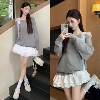  Áo nỉ sweater trễ vai 1 bên dáng rộng,áo kiểu lệch vai phối dây nơ chất nỉ dày dặn trẻ trung tiểu thư phong cách Hàn 