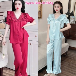 Đồ Ngủ Lụa Bigsize 50- 100kg  Đồ Mặc Nhà tiểu thư chất lụa xước phối ren mềm mát sang trọng nữ tính
