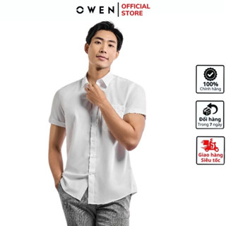 Áo sơ mi nam ngắn tay OWEN AR240102NT somi trắng công sở vải sợi sồi mềm mịn cao cấp dáng suông tà lượn có túi