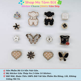 Bộ 14 Sticker Charm Jibbitz 3D Gấu Tháp Nơ 2 Phụ Kiện Trang Trí Dép Cross Sục Gắn Crocs Sẵn Nút Gắn