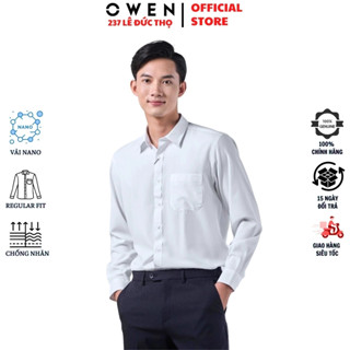 Áo sơ mi trắng trơn nam OWEN AR230315DT somi công sở dài tay form regular fit tà lượn có túi chất nano cao cấp nhẹ mát