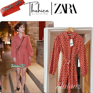 (AUTH SẴN XS)Váy mini ZARA 5216/043/615 kiểu sơ mi cổ đức kèm belt cam kẻ ô dáng xoè(kèm ảnh thật)