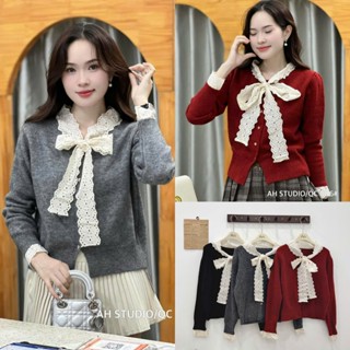 METWO. - Áo len trơn mịn khuy tim buộc nơ ren bản to QC phối tay cổ nơ ulzzang tiểu thư Hàn Quốc #806