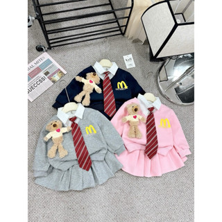 S55-[Tom&Nau Kids][Kèm Gấu] Set 3 chi tiết áo dài tay phối chân váy cho bé gái size từ 8-30Kg