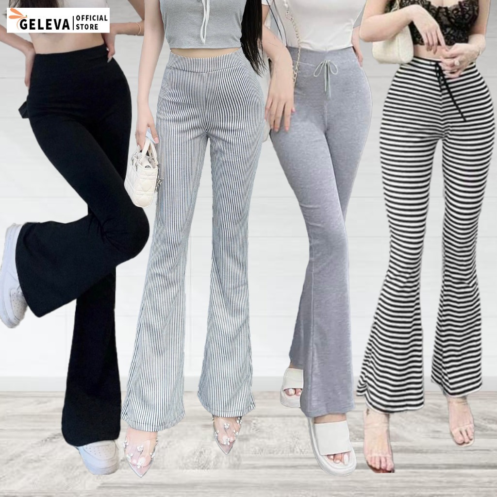 Quần Ống Loe Nữ Cạp Lưng Cao Vải Cotton Hoặc Nhung Tăm Giãn Geleva Leg429
