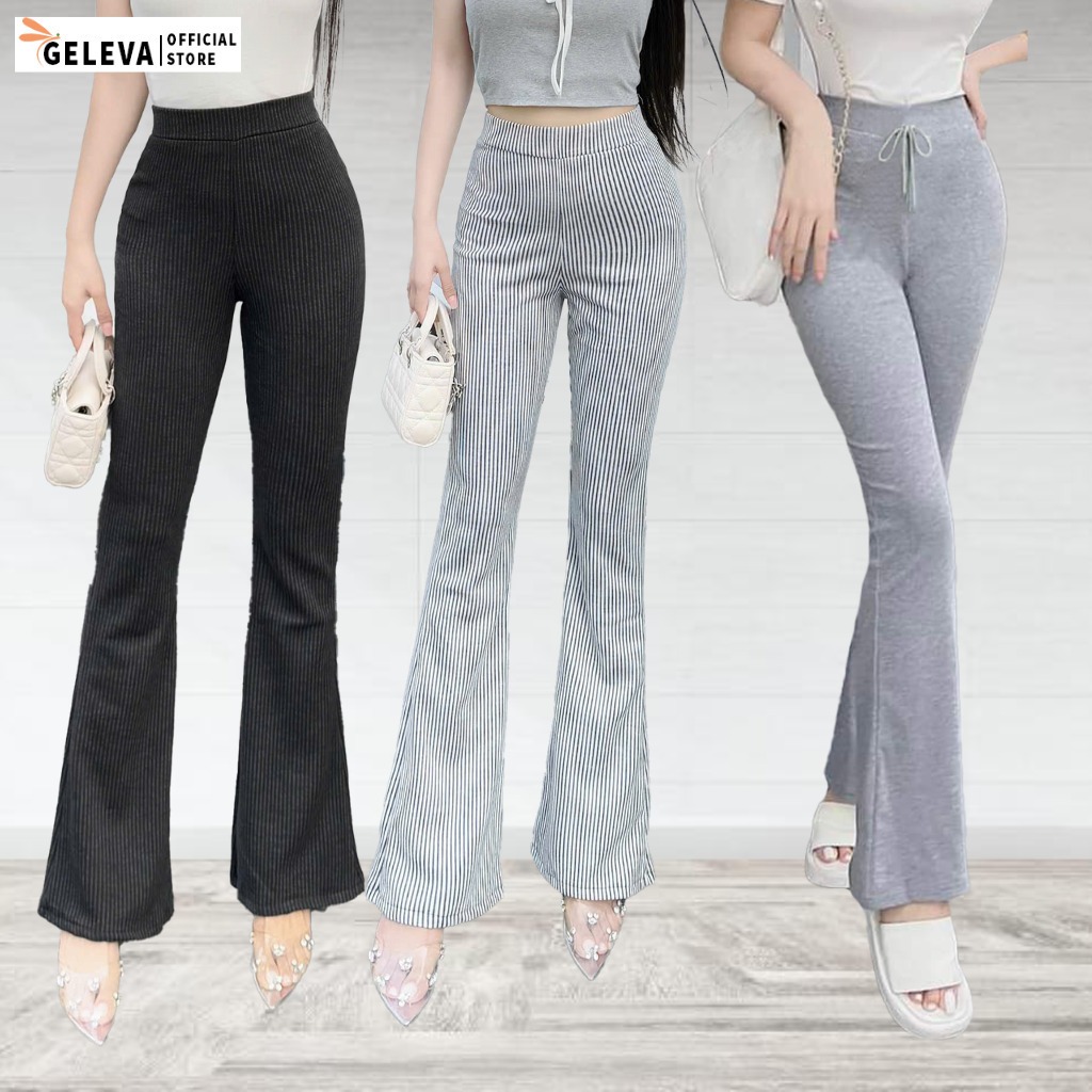 Quần Ống Loe Nữ Cạp Lưng Cao Vải Cotton Hoặc Nhung Tăm Nhật Co Giãn Geleva Ge925