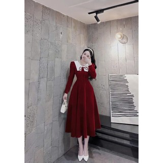 Đầm váy nhung dáng dài đi chơi dự tiệc, váy tiểu thư phối cổ buộc nơ điệu đà nữ tính