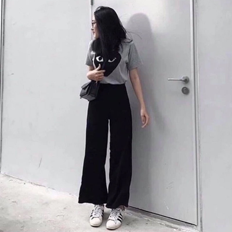 Quần ống rộng khóa sườn hông lưng cao M605 duyên dáng quần tây khóa sườn ống suông rộng dài màu Đen vải mềm dày đáy cao | BigBuy360 - bigbuy360.vn