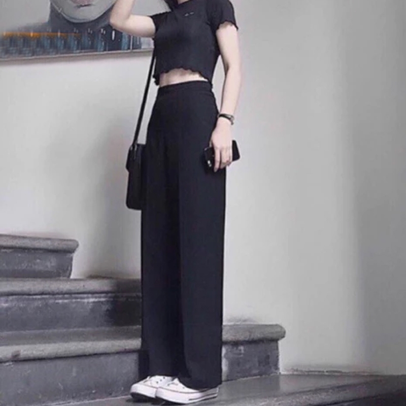 Quần ống rộng khóa sườn hông lưng cao M605 duyên dáng quần tây khóa sườn ống suông rộng dài màu Đen vải mềm dày đáy cao | BigBuy360 - bigbuy360.vn