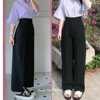 Quần ống rộng đi học nữ lưng cao khóa giữa sườn hông - Quần ống rộng 1 nút cạp cao học sinh đi học vải mềm đáy cao 