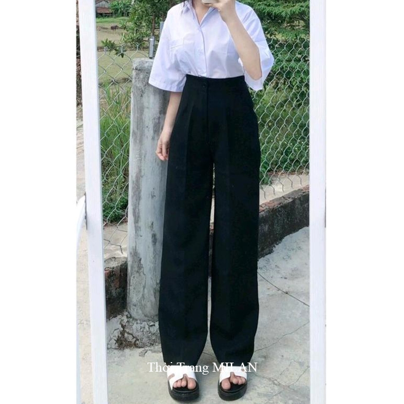 (HOT ĐEN, XANH ĐEN)Quần ống rộng đi học nữ lưng cao M604 khóa giữa sườn hông -Quần ống suông cạp cao học sinh đáy cao | BigBuy360 - bigbuy360.vn