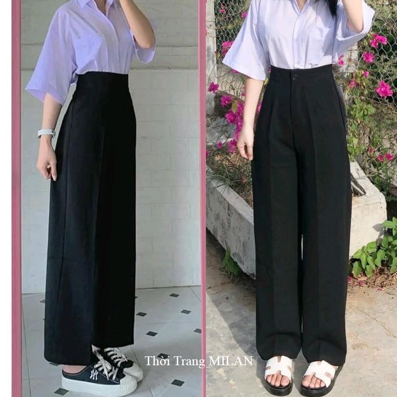 (HOT ĐEN, XANH ĐEN)Quần ống rộng đi học nữ lưng cao M604 khóa giữa sườn hông -Quần ống suông cạp cao học sinh đáy cao | BigBuy360 - bigbuy360.vn
