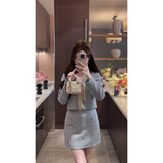 Set váy tiểu thư tay dài cổ tim thắt nơ ngực đi chơi đi làm dự tiệc sang chảnh NA&NA Clothing chất dạ tweed S043