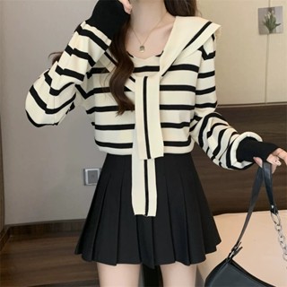 Áo len mongtoghi nữ form rộng dài tay kèm khăn choàng thủy thủ kiểu kẻ ngang cardigan Quảng Châu CC