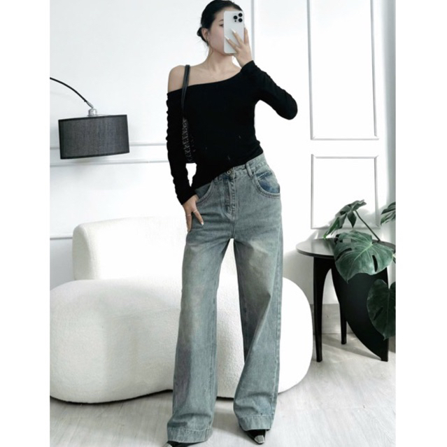 [K-JEANS] Quần jeans suông nữ QC cao cấp màu xanh bụi