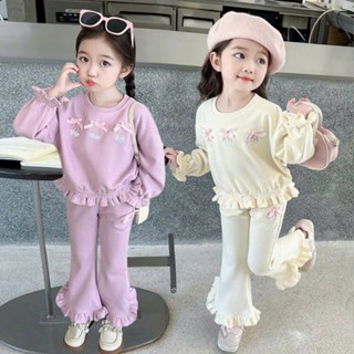 Bộ đồ thu đông bé gái, set bộ chất nỉ 2 da mềm, ấm quần ống loe bèo gấu xinh xắn cho bé 8-28kg Juny Kids