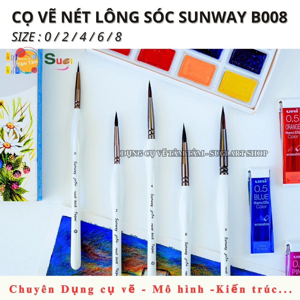 [ SUGI ART SHOP ] Cọ vẽ nét Lông Sóc thân trắng cọ Sunway  B008