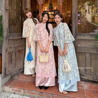 Áo dài voan tơ BẠCH VŨ in hoa phối thắt nơ đôi kèm quần satin bóng vintage HAVANA AD136