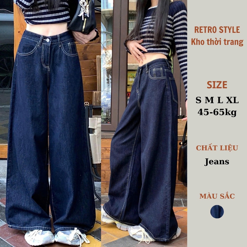Quần Jeans Ống Rộng Xanh Đậm Cạp Cao  Viền Chỉ Nổi RetroStyle Tôn Dáng Quần Đi Học Đi Làm