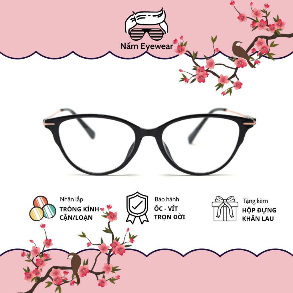 Kính mắt mèo form nhỏ chuyên lắp cận cao cấp gọng thanh mảnh lọc ánh sáng xanh Nấm Eyewear W72358