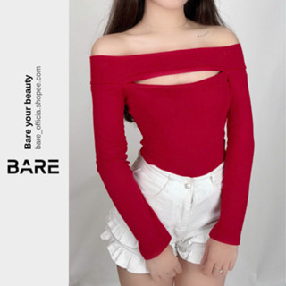 BARE_Áo Trễ Vai Dài Tay Kiểu Khoét Ngực, Áo Trễ Cắt Ngực Thun Tăm Mềm Mịn Tôn Dáng_A437