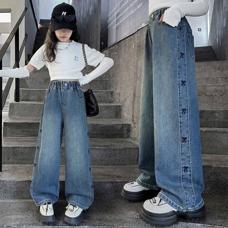 Quần Jean Ống Rộng Bé Gái 14 - 45Kg In Nơ Sườn Quần Bò Ống Rộng Mềm Mại QD9
