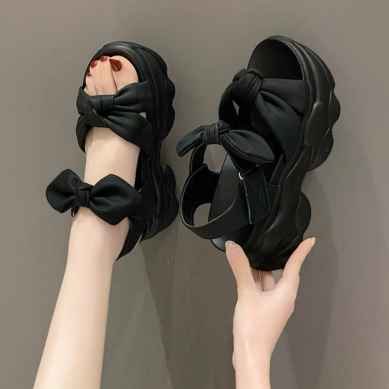 Sandan nữ đế cao 9CM da PU , giày sandan quai nơ hàng QC loại 1