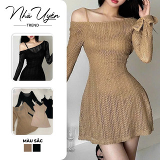 Đầm váy ngắn - Đầm tôn dáng, tôn da cho nàng đi chơi, cafe, set 2 dây kèm đầm ngoài dáng xòe tay loe lệch vai 2 màu