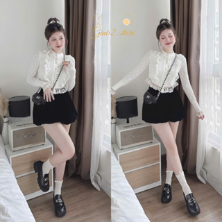 Set đồ nữ - Áo len xốp croptop đính viền ren mix vói quần short nhung bồng phong cách tiểu thư Gin62 G169