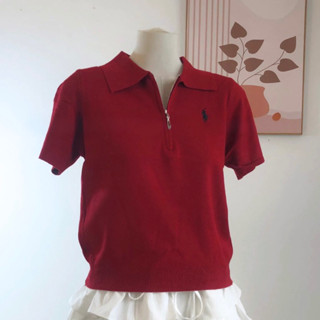 Áo len tay ngắn cổ bẻ khoá kéo thêu logo PL