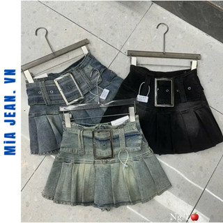  Chân váy jean xếp ly xoè kèm nịt có quần trong chất jean cotton không co giãn- vuông 