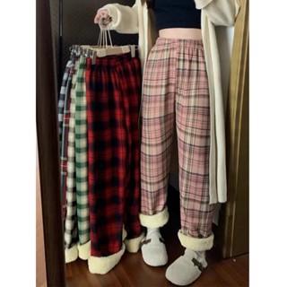 Quần Ống Rộng Lót Lông, Quần Lót Lông Dáng Suông Phối Kẻ Thời Trang Thu Đông Hot Nữ 185