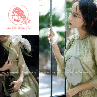 Áo dài cách tân dáng suông thêu Hoa Quỳnh xanh lá đính kết thủ công siêu xinh