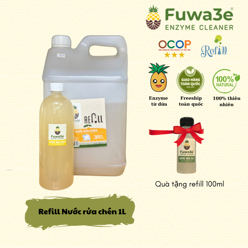 Refill nước rửa chén Fuwa3e hương dứa 100% thiên nhiên chính hãng - tiết kiệm hơn