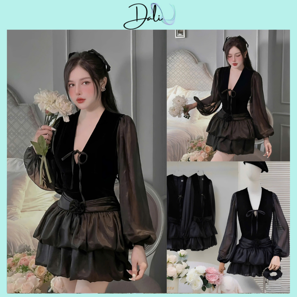 Váy Nhung Cổ V Phối Tơ Tay Bồng Thiết Kế 2 Tầng Dáng Xoè Sang Chảnh