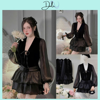 Váy Nhung Cổ V Phối Tơ Tay Bồng Thiết Kế 2 Tầng Dáng Xoè Sang Chảnh