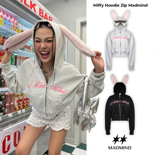 Áo Khoác Nữ Tay Dài Form Baby Họa Tiết Tai Thỏ Miffy Hoodie Zip Khóa Kéo MADMIND - Màu Đen/ Xám