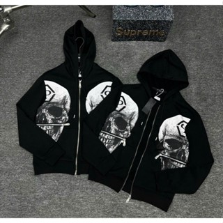 [G1] Áo khoác hoodie zip nam nữ nỉ bông Philipp Plein in hình đầu lâu trắng khoá zip khắc logo hai bên mũ 2 lớp dày dặn