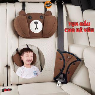 Gối tựa đầu ô tô gấu nâu HieuMinhCar kèm dây đeo tam giác an toàn cho bé, gối tựa xe hơi chất liệu bông mềm mại, thoáng
