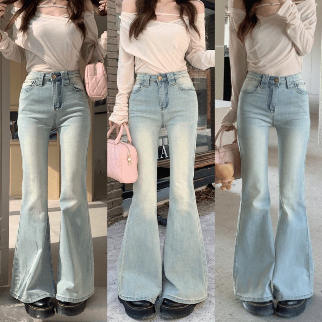  Quần Jean Nữ Ống Loe Ôm Đùi Cạp Cao Màu Xanh WASH Ôm Eo Cực Tôn Dáng Quần Loe Ống Rộng Unisex MIAA 