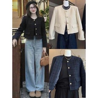  Áo dạ tweed A.688 Áo dạ lửng nữ dài tay cổ tròn 2 túi nắp phong cách thanh lịch - Shop Chấm Bi 