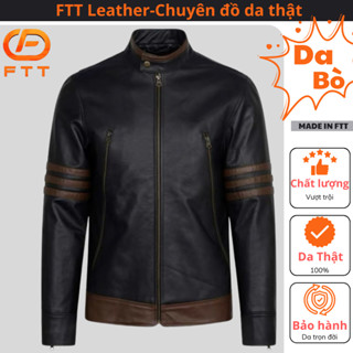 Áo khoác da nam FTT Leather Racer Jacket da bò khóa chéo tay phối gân nâu - Mã AD319B