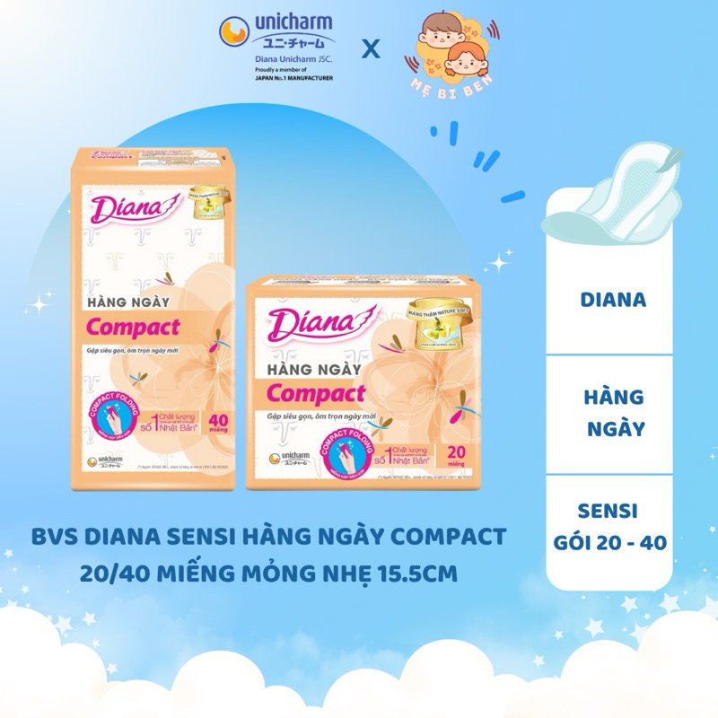 [GÓI LỚN 40 Miếng] Băng vệ sinh Diana Hàng Ngày Sensi mỏng nhẹ Compact gói 40/20 miếng 15.5cm - Chín