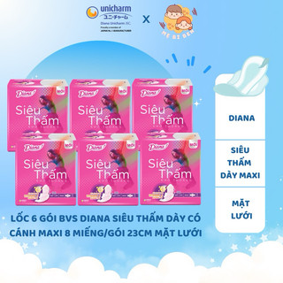 Lốc 6 gói băng vệ sinh Diana siêu thấm Dày có cánh Maxi 8 miếng/gói 23cm mặt lưới
