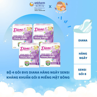 Bộ 4 gói Băng vệ sinh Diana hàng ngày Sensi kháng khuẩn gói 8 miếng 15.5cm mặt bông